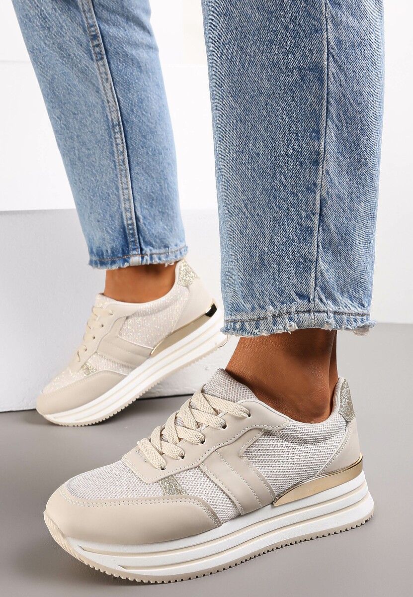 Beżowe Sneakersy na Grubej Podeszwie Ozdobione Brokatem Moneya