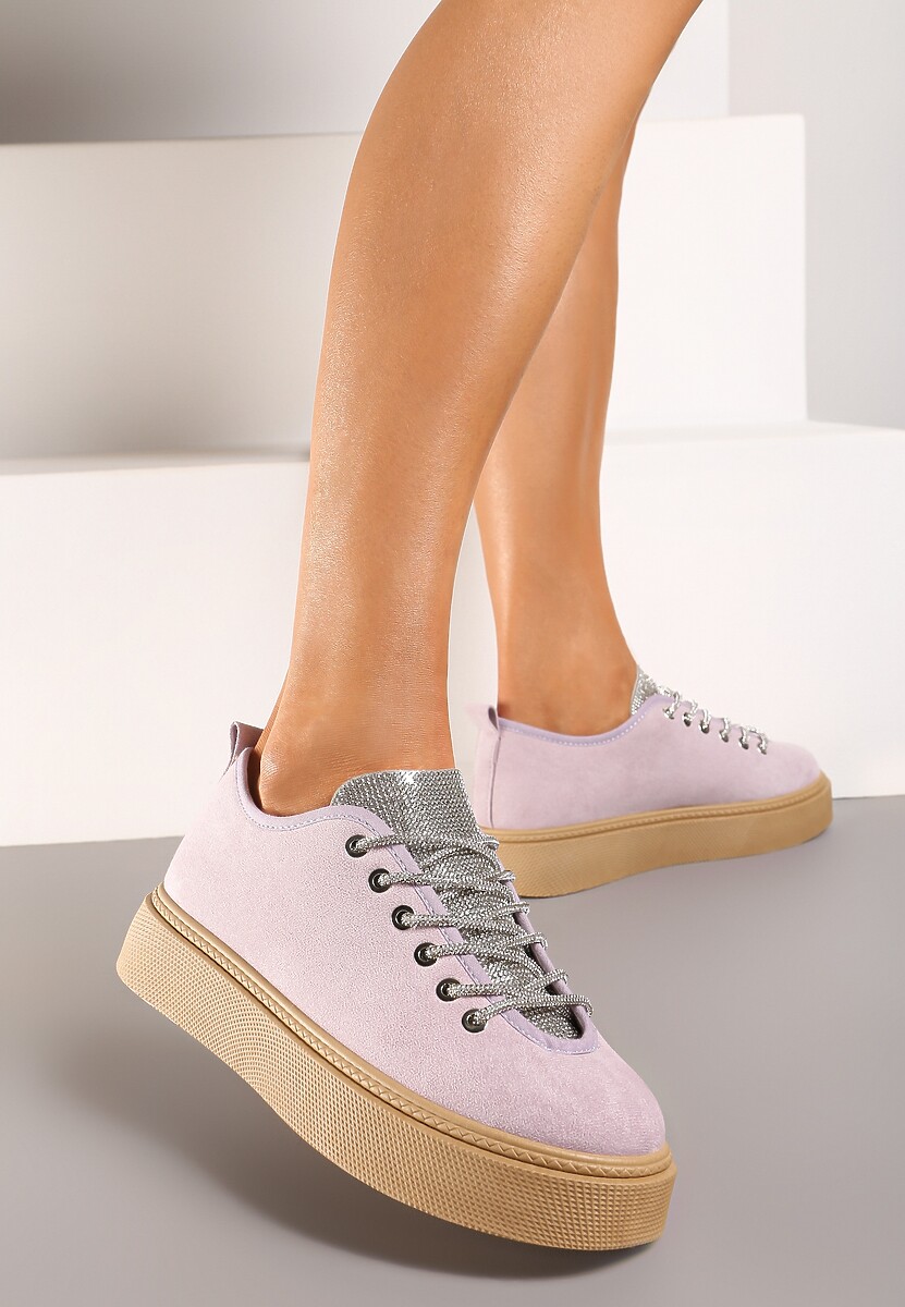 Jasnofioletowe Sneakersy na Platformie ze Sznurowaniem z Cyrkoniami Oziana
