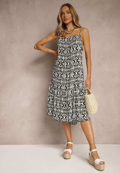 Czarna Bawełniana Sukienka o Rozkloszowanym Kroju na Ramiączkach w Etniczny Wzór Nelpio