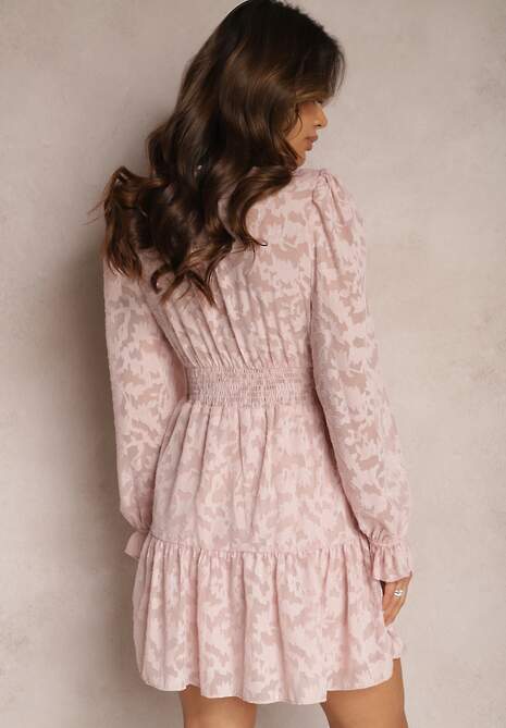 Różowa Rozkloszowana Sukienka Mini z Tkaniny Plumeti Marsane