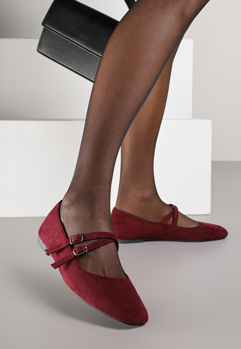 Bordowe Balerinki o Kwadratowym Nosku z Paskami i Eleganckimi Klamerkami Nailan