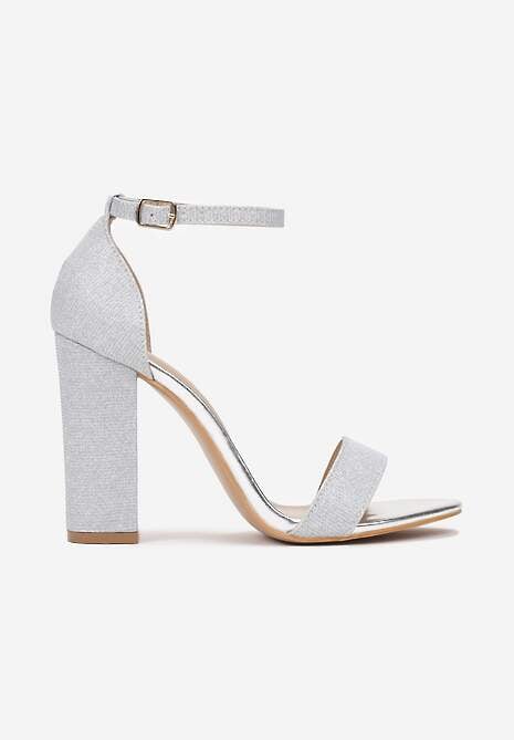 Srebrne Brokatowe Sandały na Wysokim Słupkowym Obcasie Keila