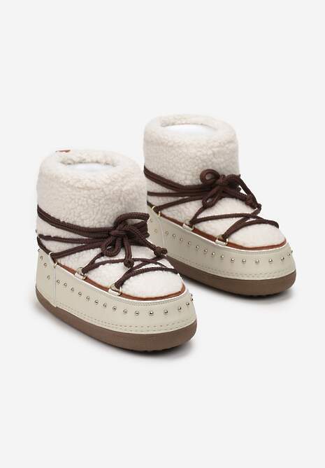 Beżowe Śniegowce z Ozdobnym Sznurowaniem Ćwiekami i Futerkiem Covesa