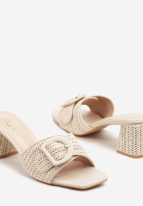 Beżowe Klapki z Plecionką i Klamerką na Słupkowym Obcasie Lisellea