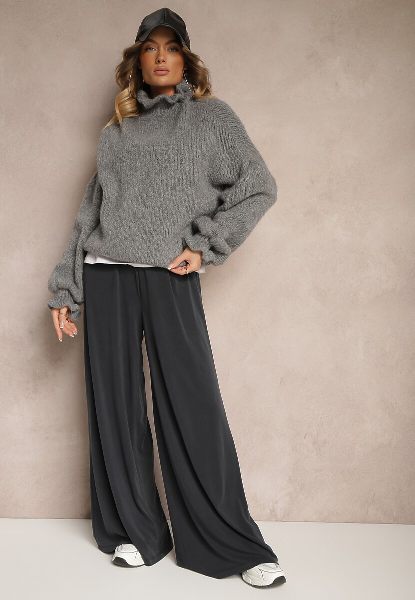 Granatowe Szerokie Spodnie High Waist z Gumką w Talii Dimoris