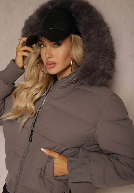 Ciemnoszara Kurtka z Pikowaniem i Szerokimi Ściągaczami Zdobiona Futrem przy Kapturze Inilora