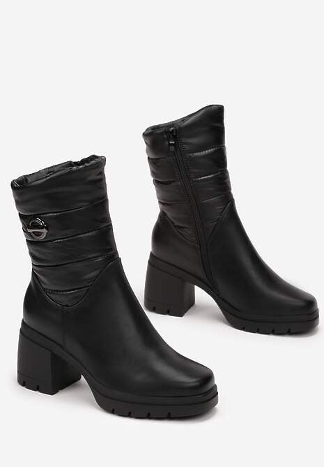 Czarne Botki na Obcasie Pikowane Fra