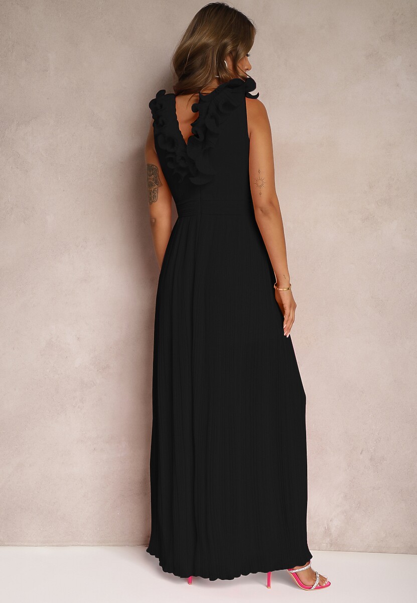 Czarny Taliowany Koktajlowy Kombinezon z Szerokimi Nogawkami Ozdobiony Falbanami Gealfrea