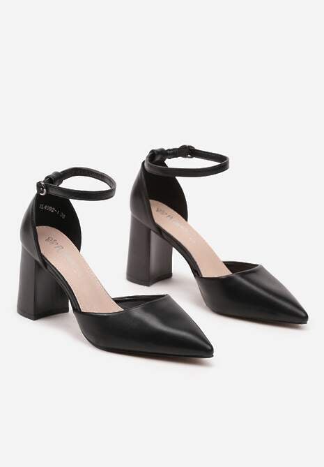 Czarne Czółenka z Ekoskóry na Obcasie ze Skórzaną Wkładką i Paskiem Wokół Kostki Veliona