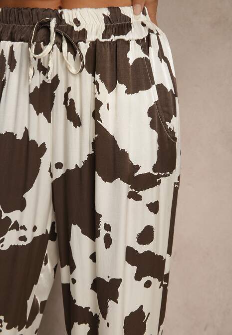Brązowe Szerokie Spodnie High Waist z Wiskozy w Print w Krowie Łaty Nelianta