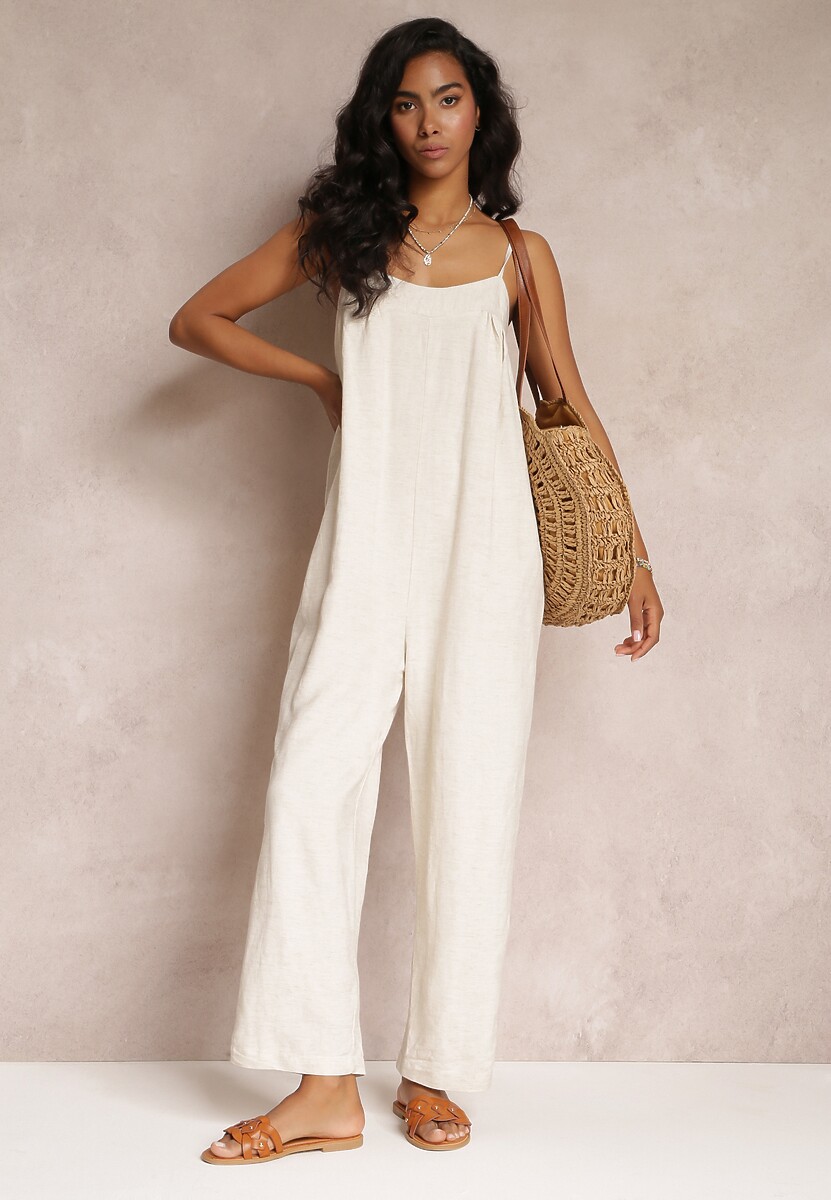 Beżowy Kombinezon na Regulowanych Ramiączkach z Długimi Nogawkami z Bawełny Myrcela