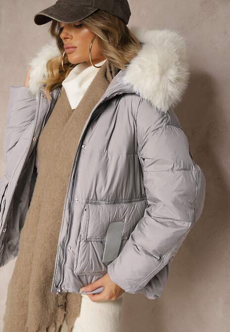 Jasnoszara Kurtka z Kieszeniami i Odpinanym Kołnierzem z Futerka Nomilaine