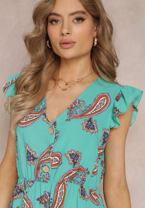 Miętowa Rozkloszowana Sukienka Mini we Wzór Paisley Rachelli