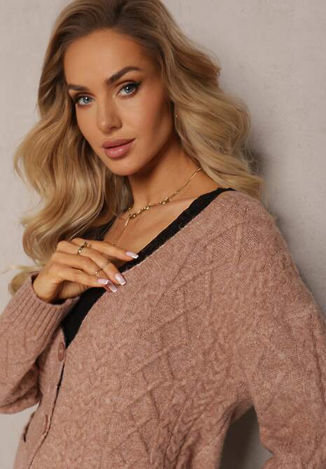 Ciemnobeżowy Zapinany Kardigan z Trójkątnym Dekoltem i Warkoczykowy Splot Juessa