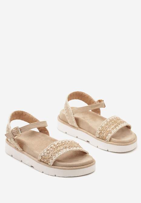 Ciemnobeżowe Sandały na Płaskiej Podeszwie z Ozdobnymi Paskami Zapinane przy Kostce Fialena