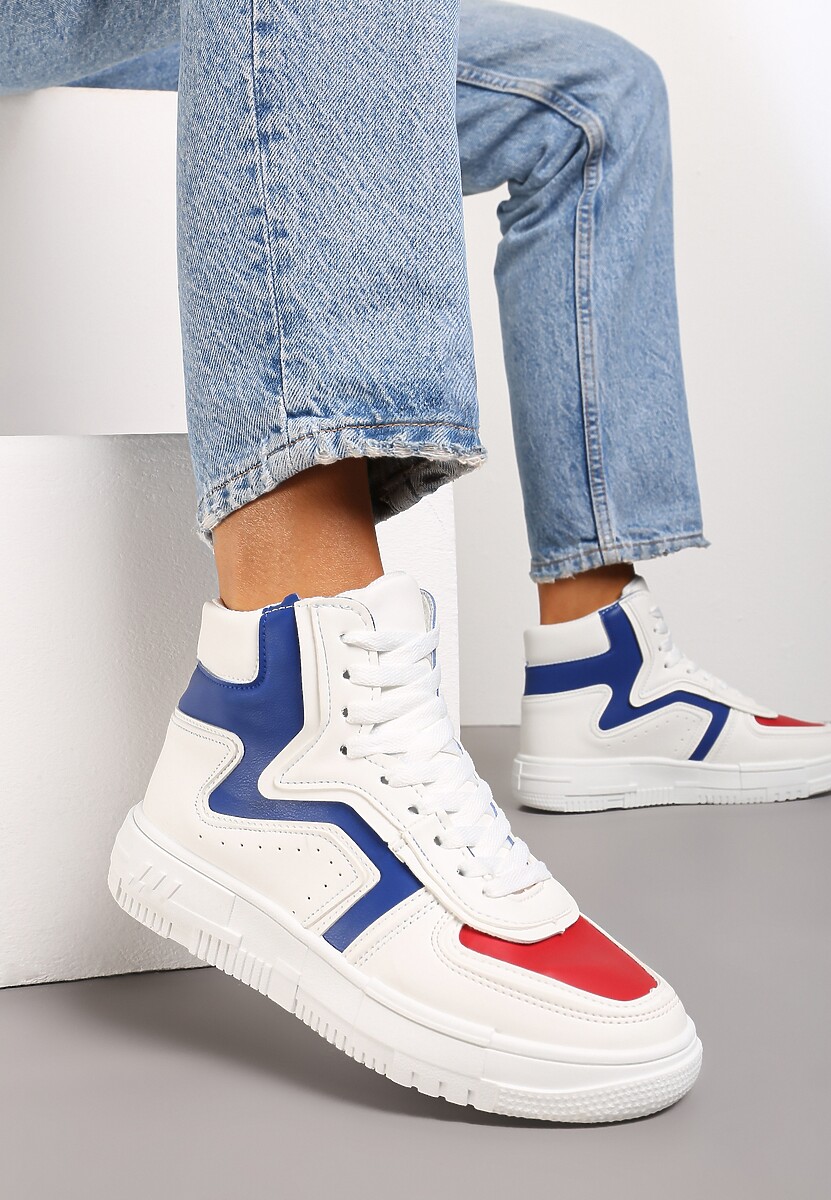 Biało-Niebieskie Sneakersy Sznurowane za Kostkę na Płaskiej Podeszwie Ascaride