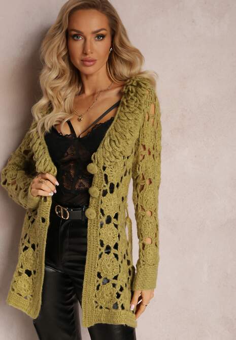 Zielony Ażurowy Kardigan z Wiązanym Paskiem Petrame