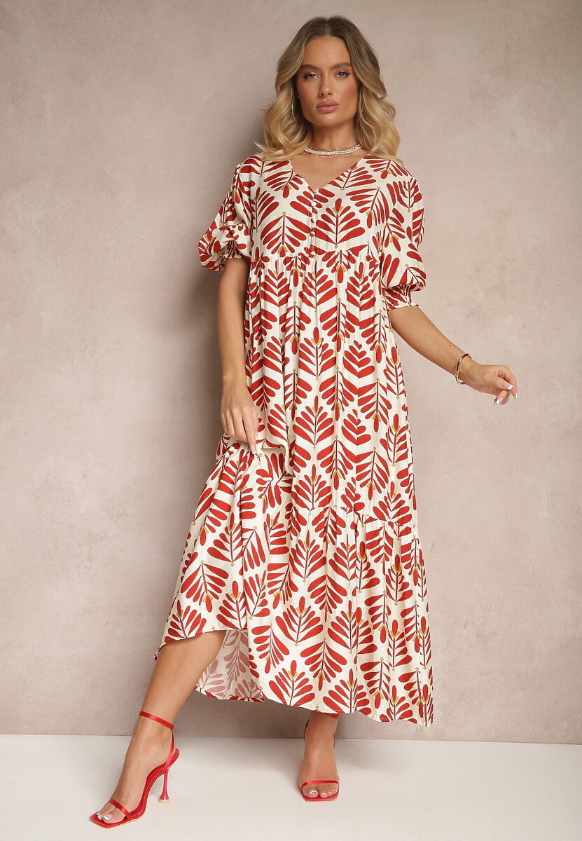 Czerwona Sukienka z Wiskozą o Rozkloszowanym Kroju w Roślinny Wzór Heledis