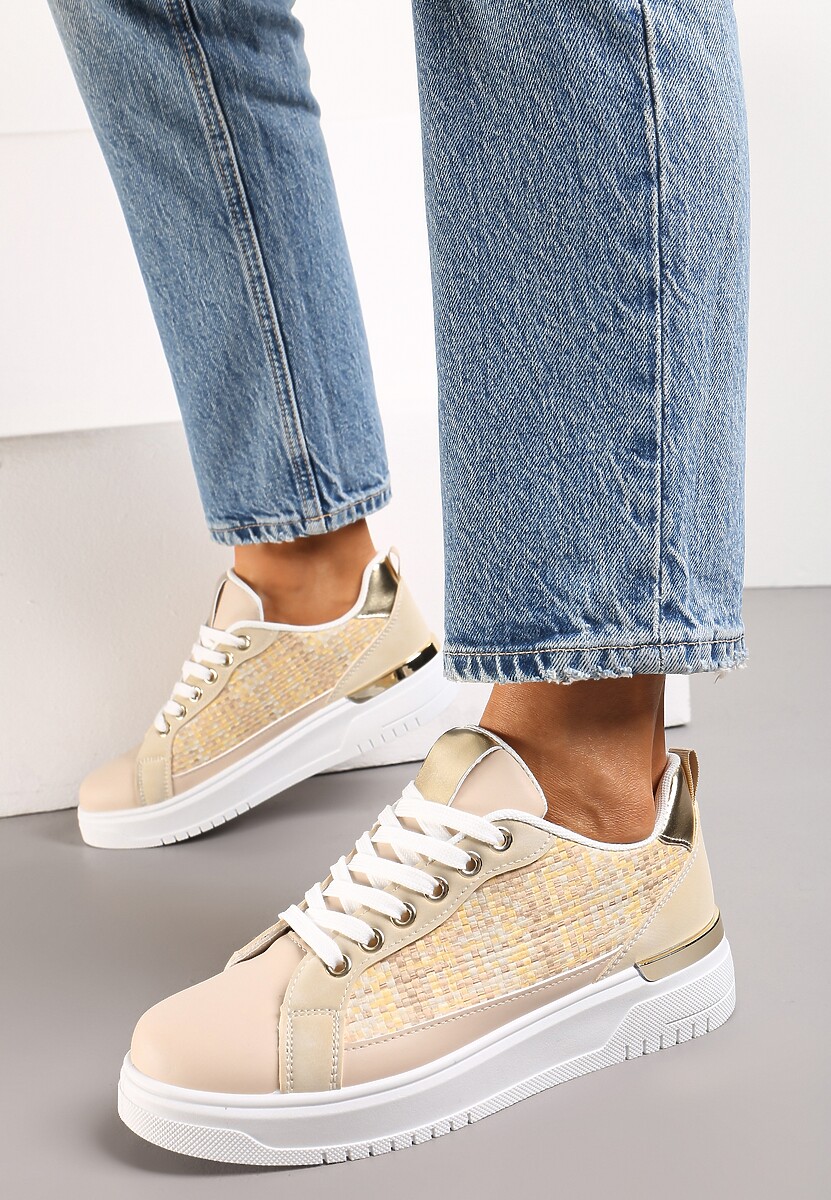 Biało-Beżowe Sneakersy z Przeplataną Wstawką Olimua