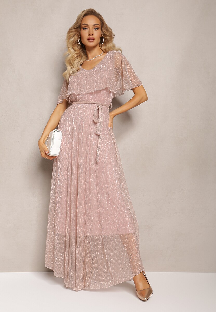 Jasnoniebieska Koktajlowa Sukienka Maxi z Ozdobną Falbaną na Górze Cailey