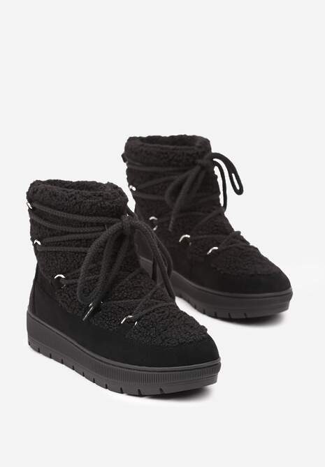 Czarne Futrzane Śniegowce o Fakturze Typu Baranek z Ozdobnym Sznurowaniem Firedi