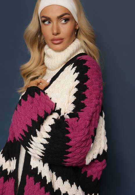 Fuksjowy Luźny Kardigan Niezapinany w Ozdobne Paski Adocca