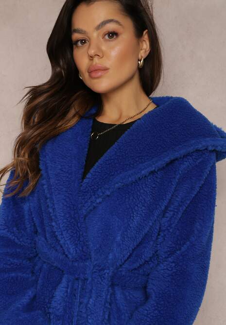 Granatowy Futrzany Płaszcz Wiązany w Pasie Vimegi