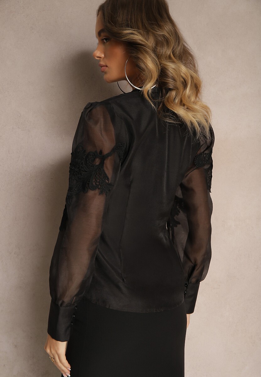 Czarna Koszula z Transparentnymi Rękawami i Koronką z Perełkami Ulani