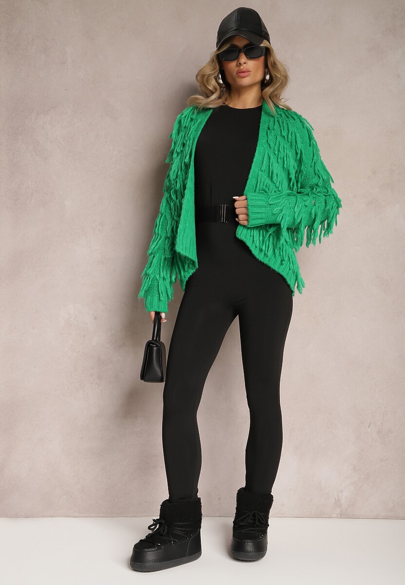Zielony Niezapinany Kardigan z Frędzlami Segentri