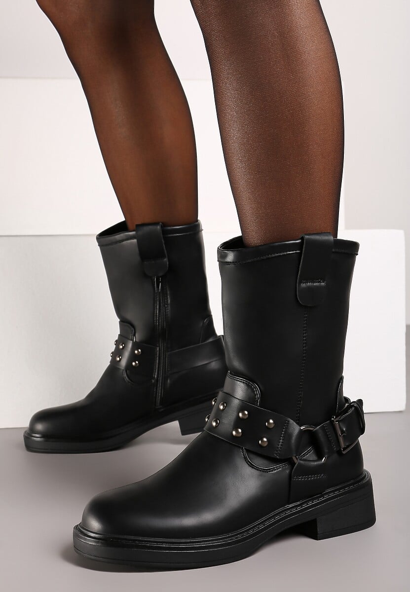 Czarne Motocyklowe Botki na Płaskiej Podeszwie Patina