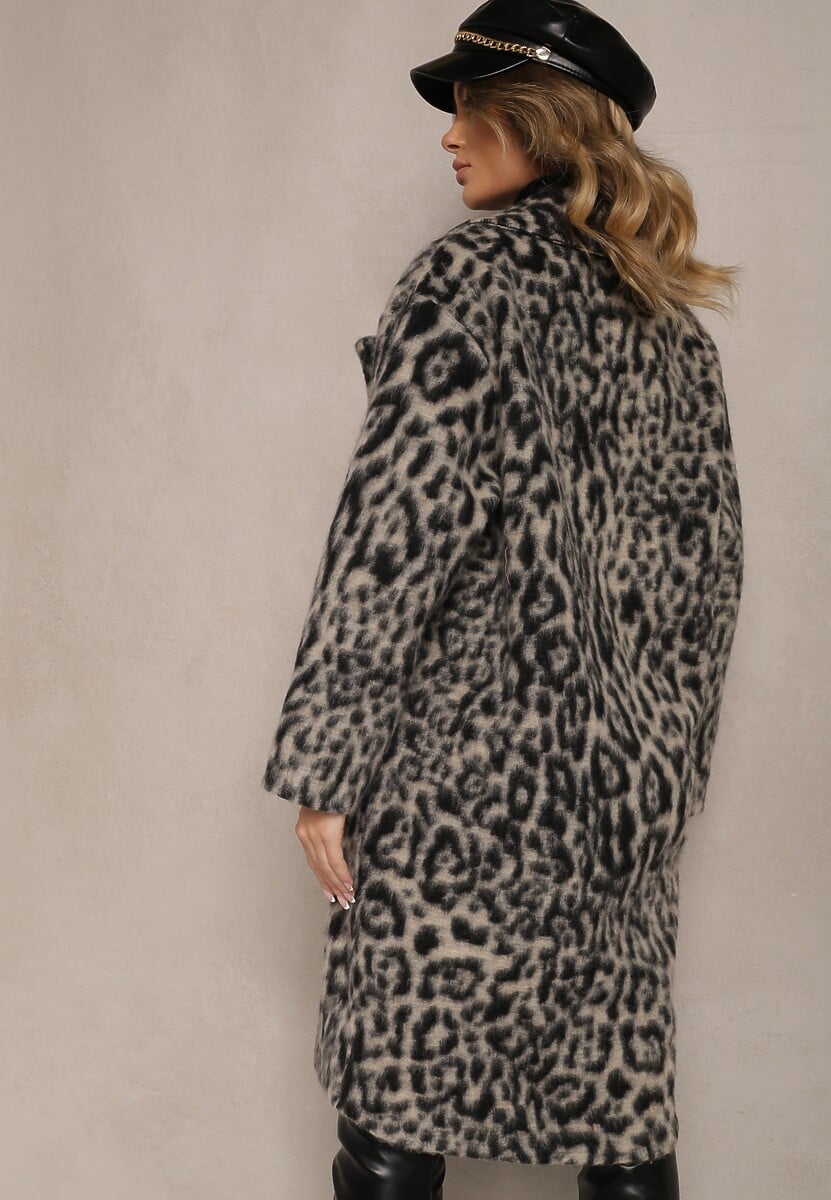 Szary Panterkowy Płaszcz Dwurzędowy Pesaltia