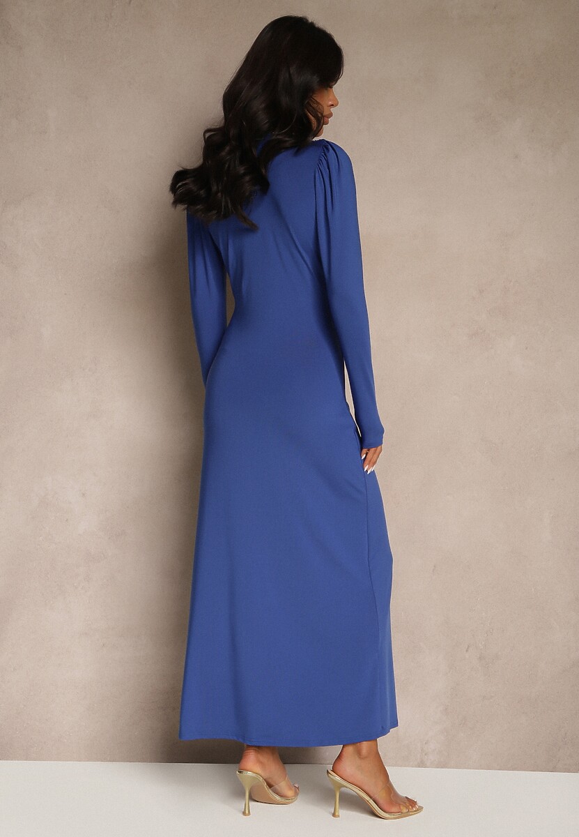 Niebieska Sukienka Koktajlowa z Dekoracyjnym Marszczeniem i Rozcięciem Zaivenne