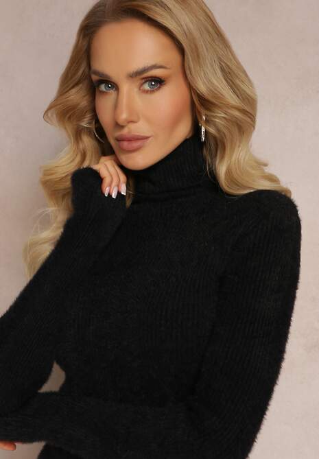 Czarna Futerkowa Sukienka Midi z Wełny w Stylu Sweterkowym z Golfem Kahinu