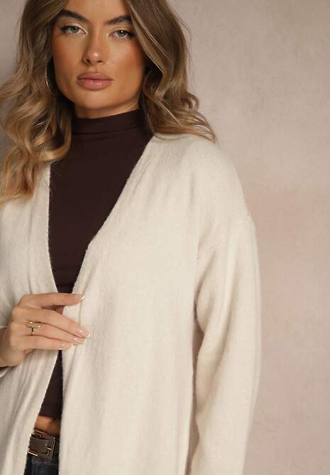 Biały Niezapinany Casualowy Kardigan z Wełną o Długim Kroju Zozita