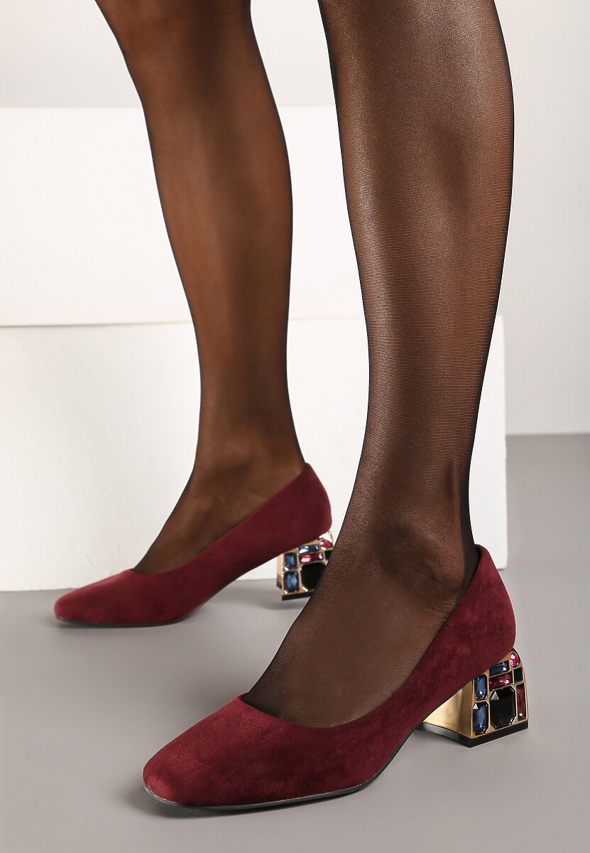 Bordowe Czółenka na Słupku Ozdobione Kryształkami ze Skórzaną Wkładką Ovirora