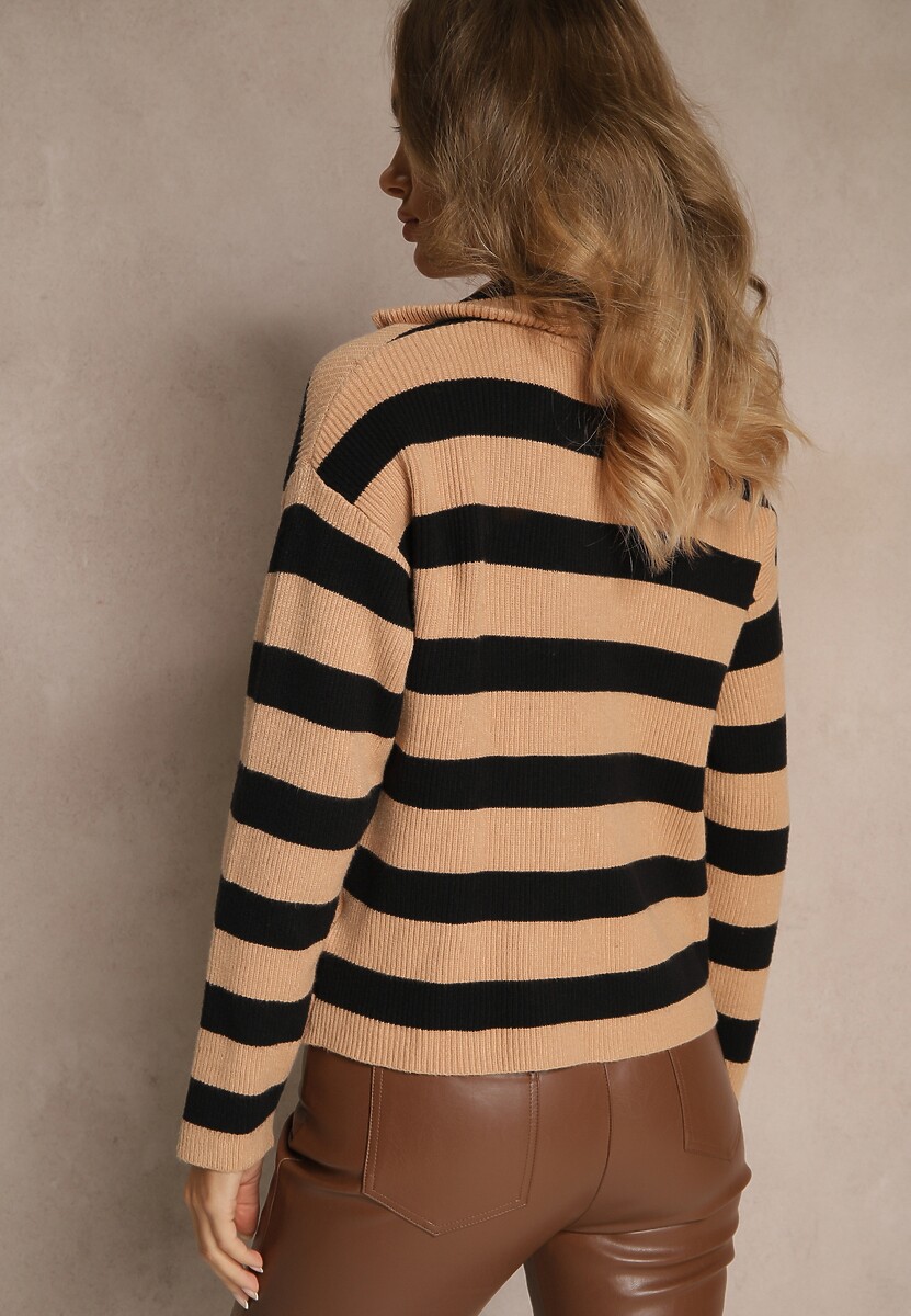 Beżowo-Czarny Sweter w Paski z Suwakiem przy Dekolcie Ralanae