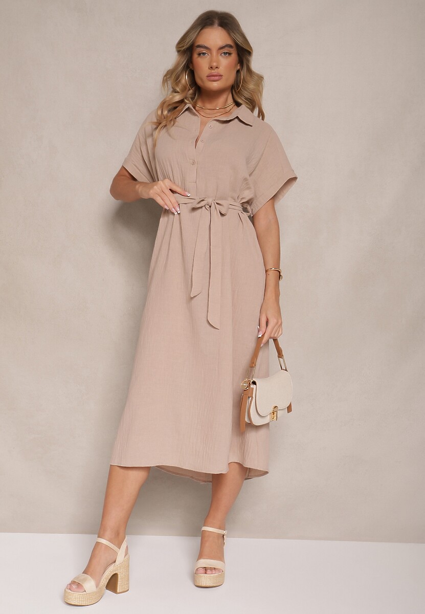 Ciemnobeżowa Wiskozowa Sukienka Koszulowa z Wiązanym Paskiem w Talii Vanisti