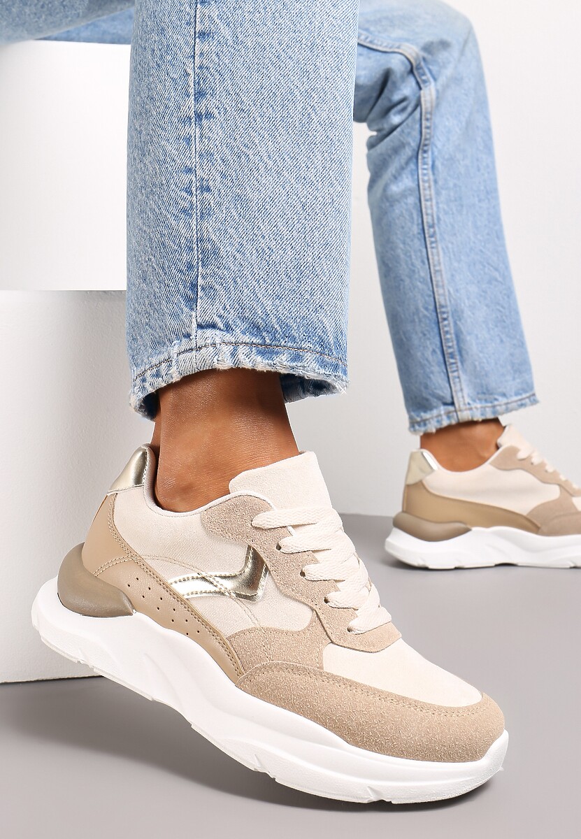 Ciemnobeżowe Sneakersy na Grubej Podeszwie z Ozdobnymi Wstawkami Alechan