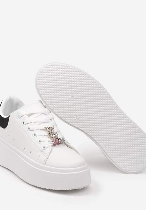 Biało-Czarne Sneakersy z Cyrkoniami na Sznurówkach z Platformą Nomiji