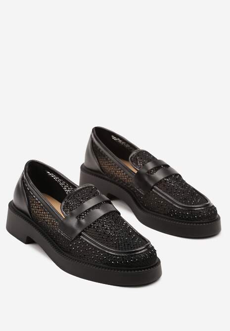 Czarne Mokasyny przed Kostkę Ozdobione Cyrkoniami i Siateczką Senareth