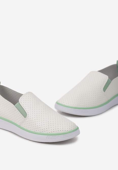Biało-Zielone Tenisówki z Ekoskóry z Ozdobną Perforacją i Brokatem Alirentta