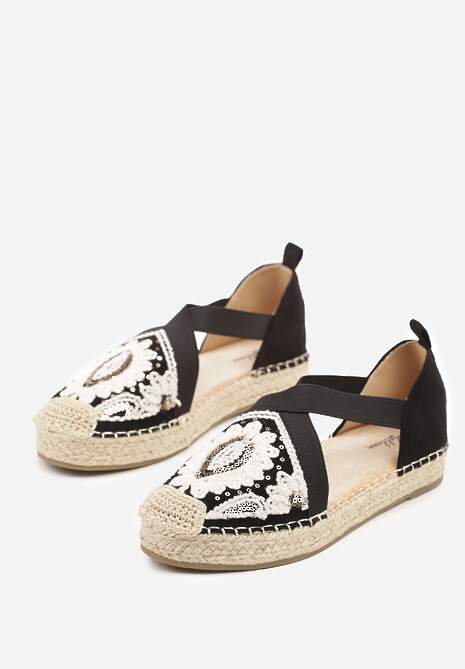Czarne Haftowane Espadryle z Elastycznymi Paskami na Podeszwie z Plecionki Fodamira