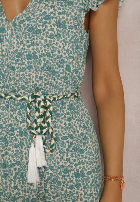 Biało-Zielona Sukienka z Paskiem Eunele