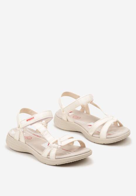 Beżowo-Czerwone Sandały Zapinane na Rzep z Wkładką ze Skóry Naturalnej Rosxa