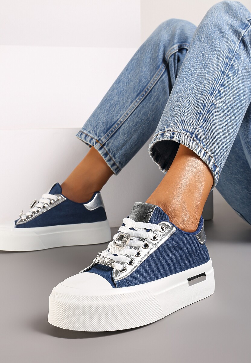 Niebieskie Casualowe Sneakersy na Platformie Ozdobione Cyrkoniami i Metalicznymi Wstawkami Primaria