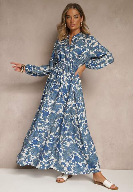 Niebieska Kwiecista Sukienka z Wiskozą o Rozkloszowanym Kroju Filennea