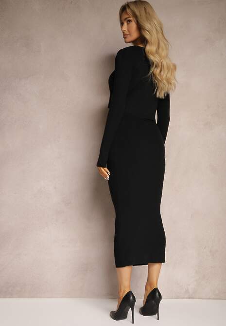 Czarny Komplet Prążkowany z Bawełną Dopasowana Spódnica Top i Kardigan na Guziki Daisanne