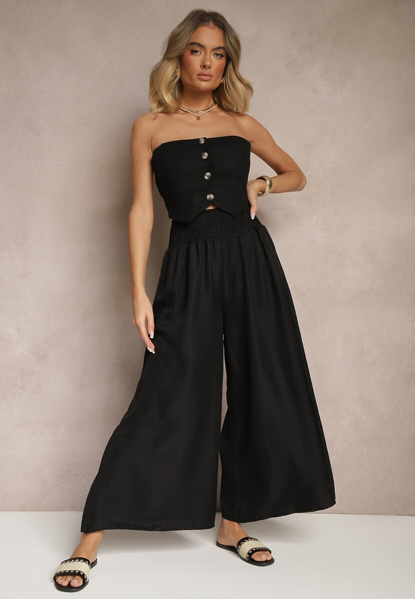 Czarne Szerokie Spodnie High Waist z Szeroką Gumą w Pasie Korissele