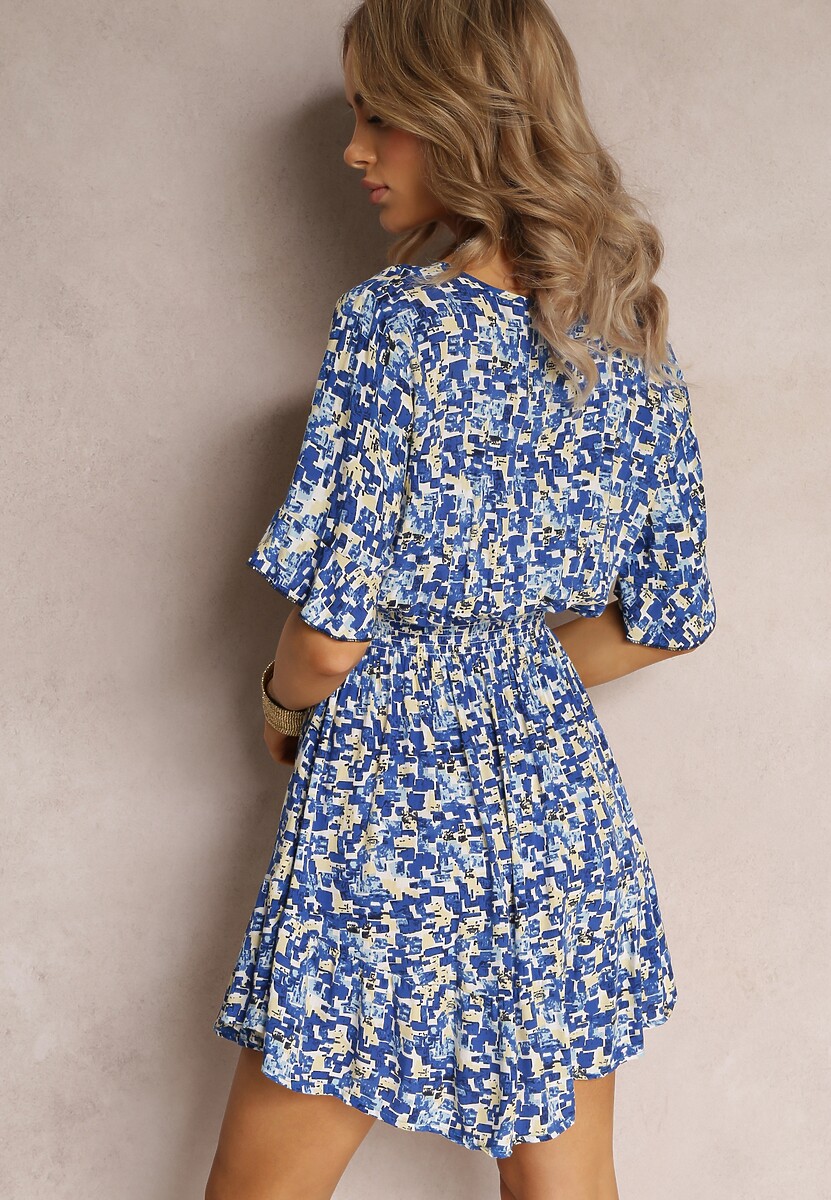 Niebieska Rozkloszowana Sukienka Mini z Wiskozy Ozdobiona Falbanką z Gumką w Talii Etase