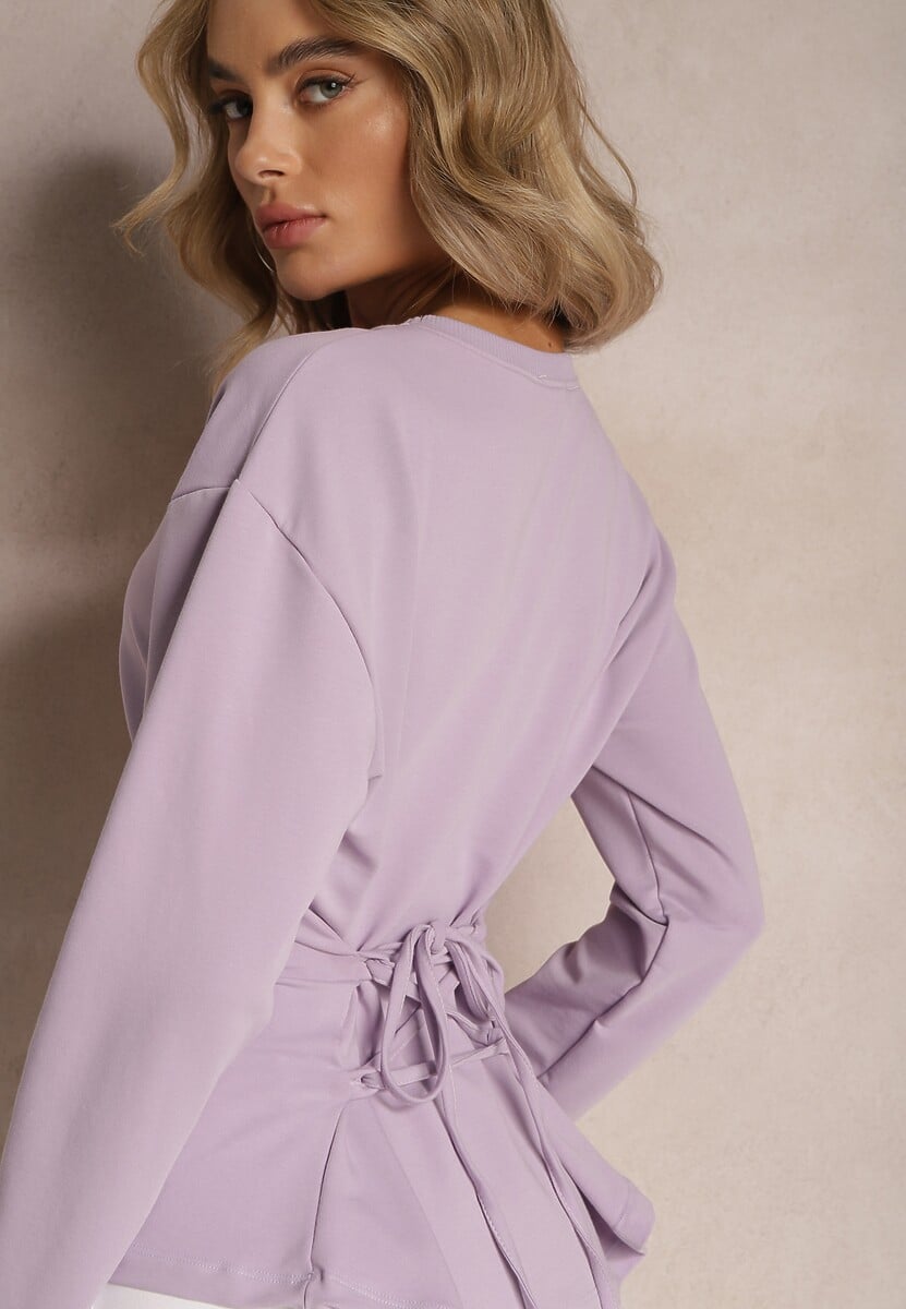 Jasnofioletowa Bawełniana Bluza z Ozdobnym Wiązaniem Fanarita